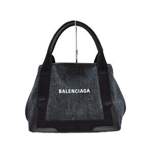 BALENCIAGA Navy Blue Cabas denim leather black handbag pouch